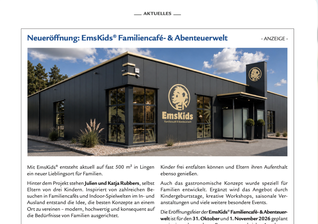 Klecks-Beitrag zur Neueröffnung des EmsKids® Familiencafés und der Abenteuerwelt
